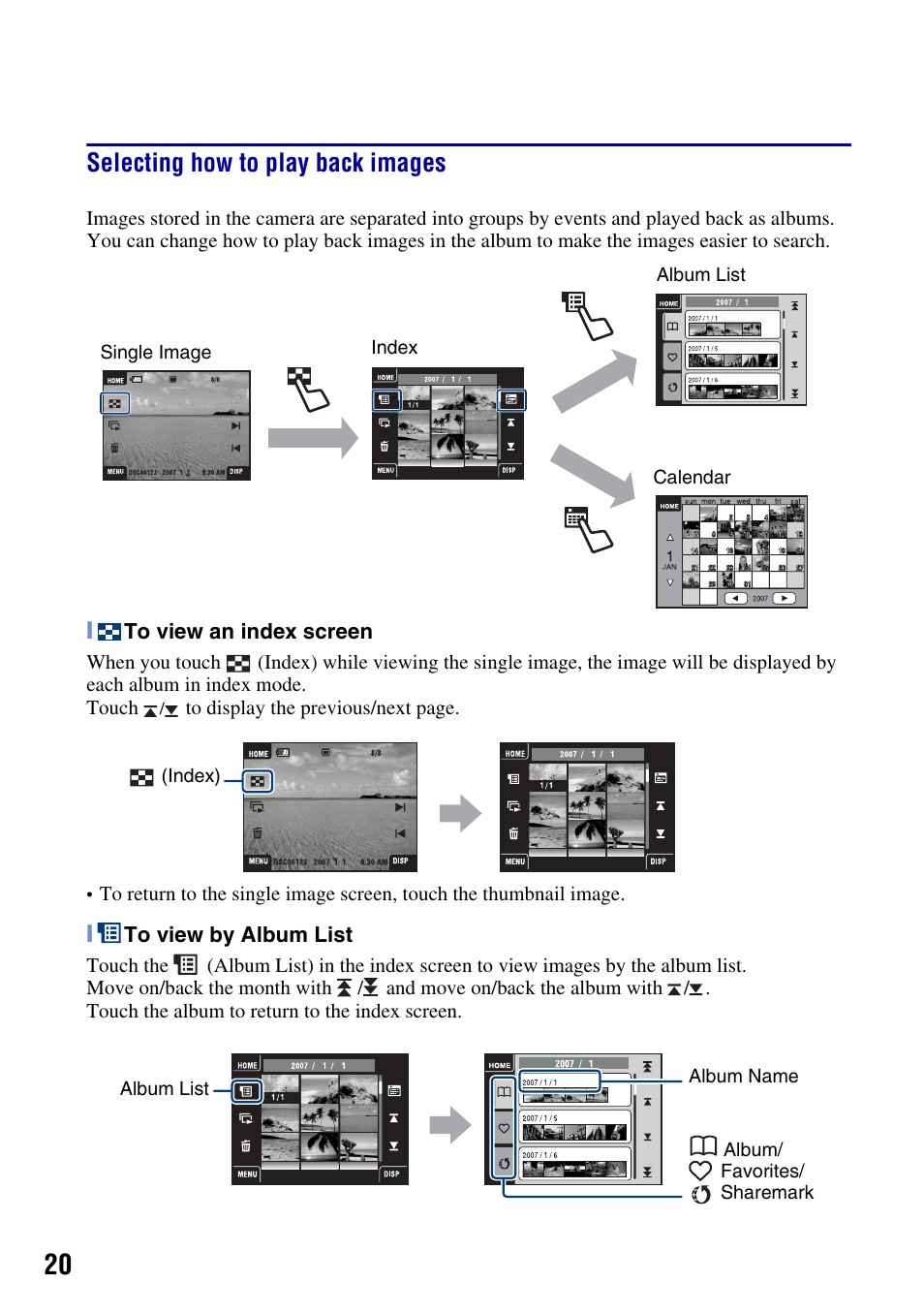 Selecting how to play back images | Sony DSC-T2 User Manual | Page 20 / 44