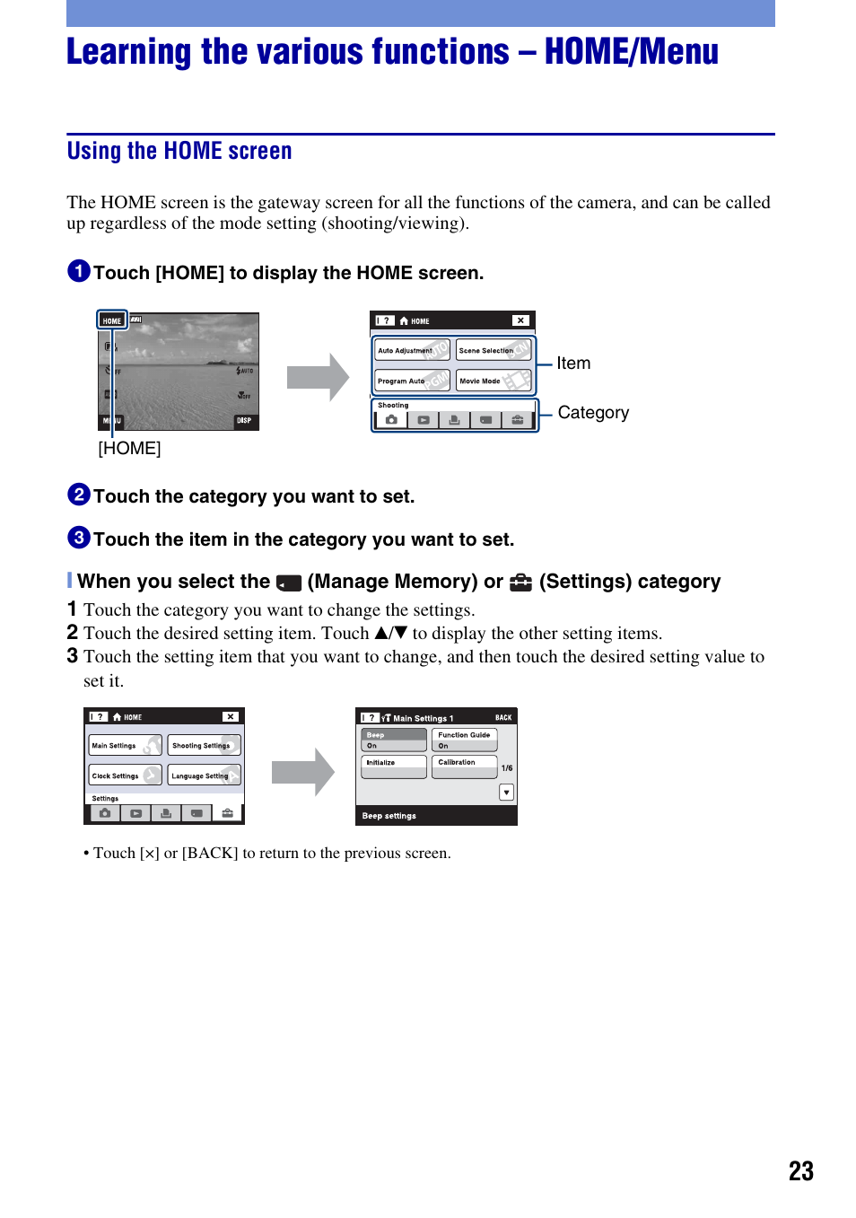 Learning the various functions - home/menu, Using the home screen, Learning the various functions – home/menu | Sony DSC-T2 User Manual | Page 23 / 44