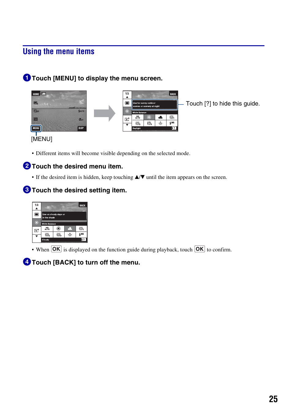 Using the menu items, Using the menu items 1 | Sony DSC-T2 User Manual | Page 25 / 44