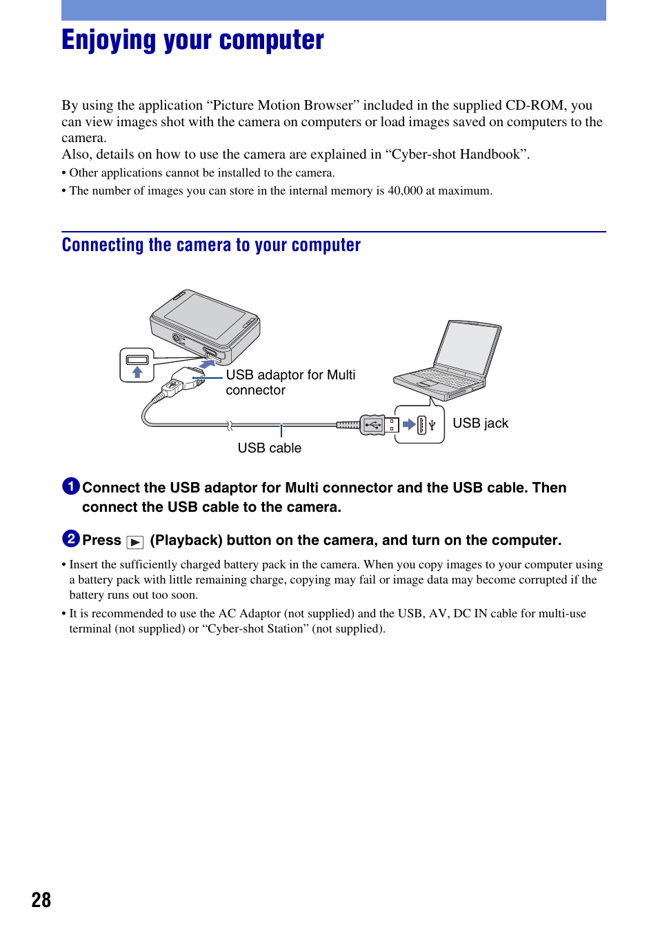 Enjoying your computer, Connecting the camera to your computer, Connecting the camera to your computer 1 | Sony DSC-T2 User Manual | Page 28 / 44