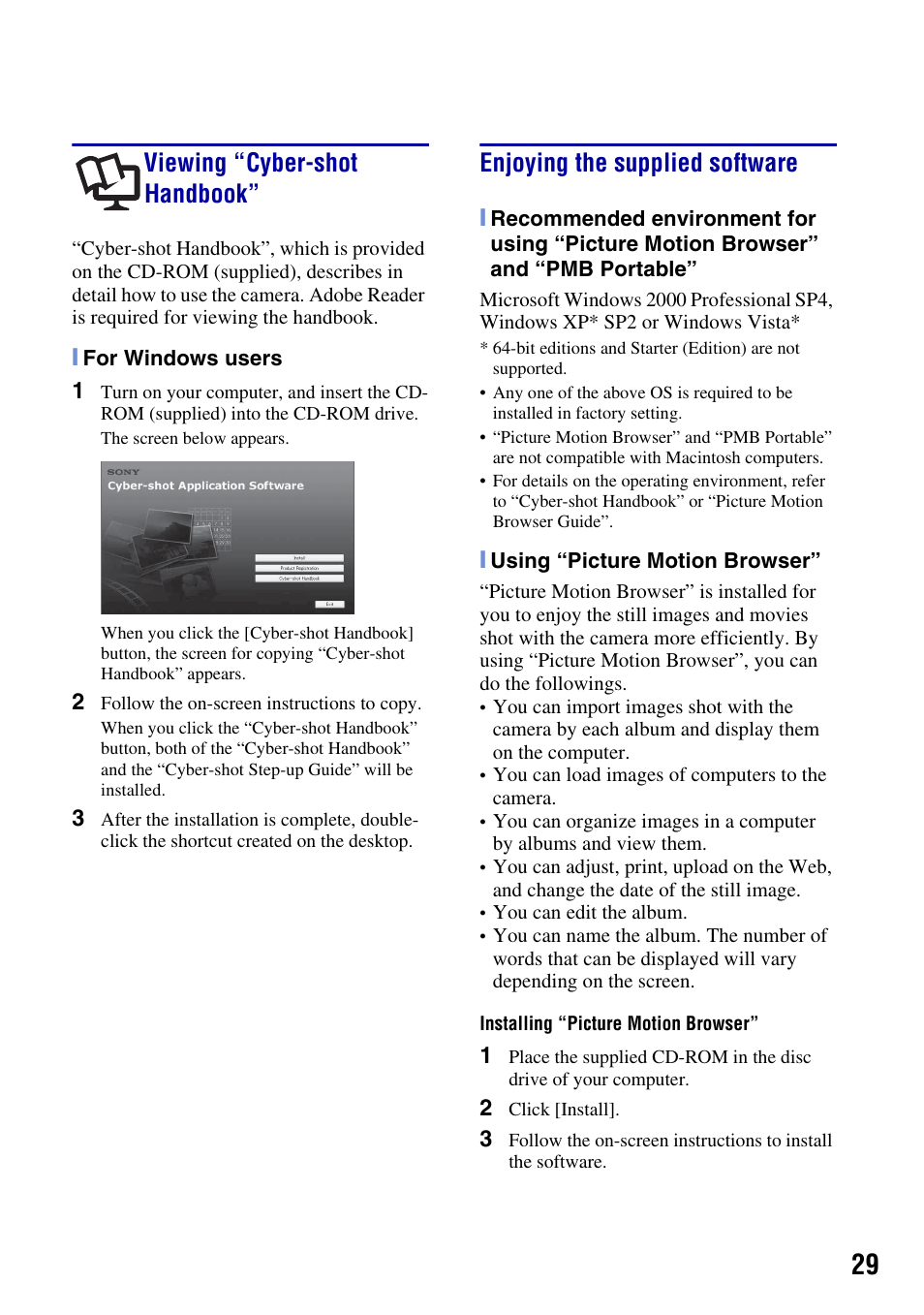Viewing “cyber-shot handbook, Enjoying the supplied software | Sony DSC-T2 User Manual | Page 29 / 44