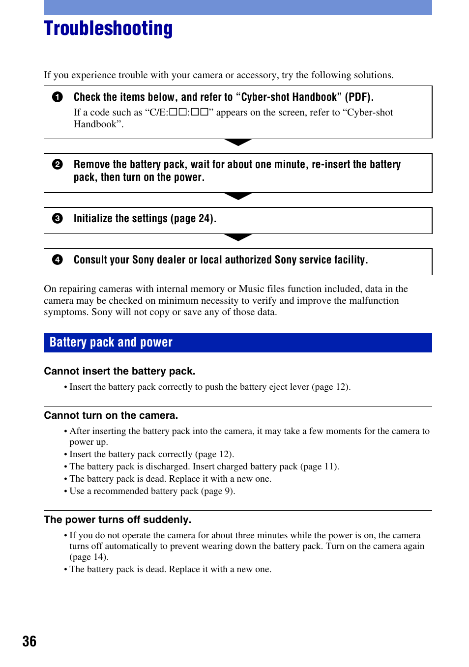 Troubleshooting, Battery pack and power | Sony DSC-T2 User Manual | Page 36 / 44