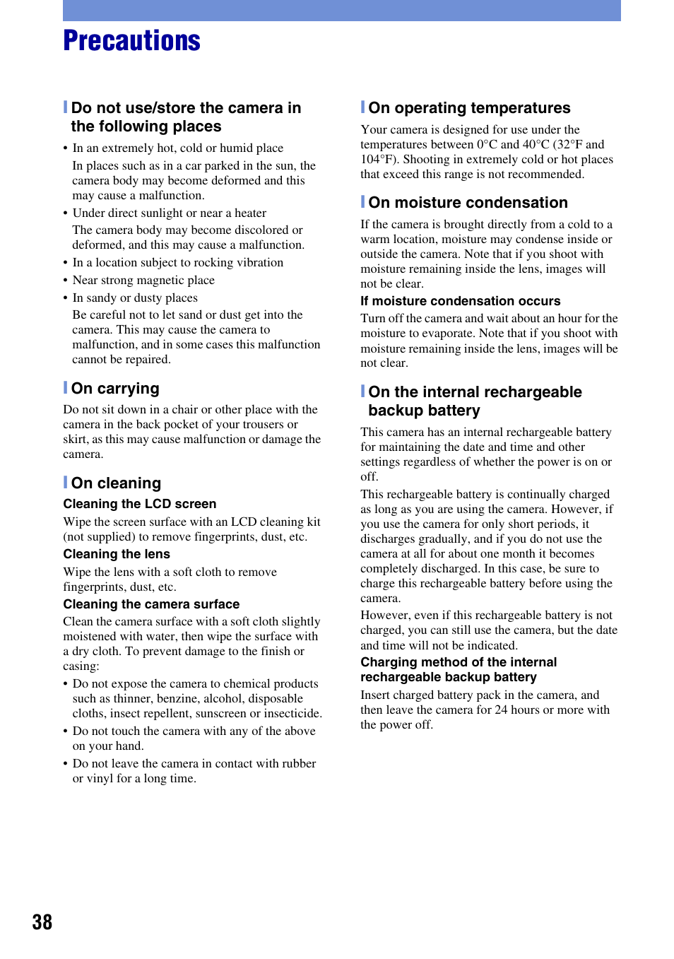 Precautions | Sony DSC-T2 User Manual | Page 38 / 44