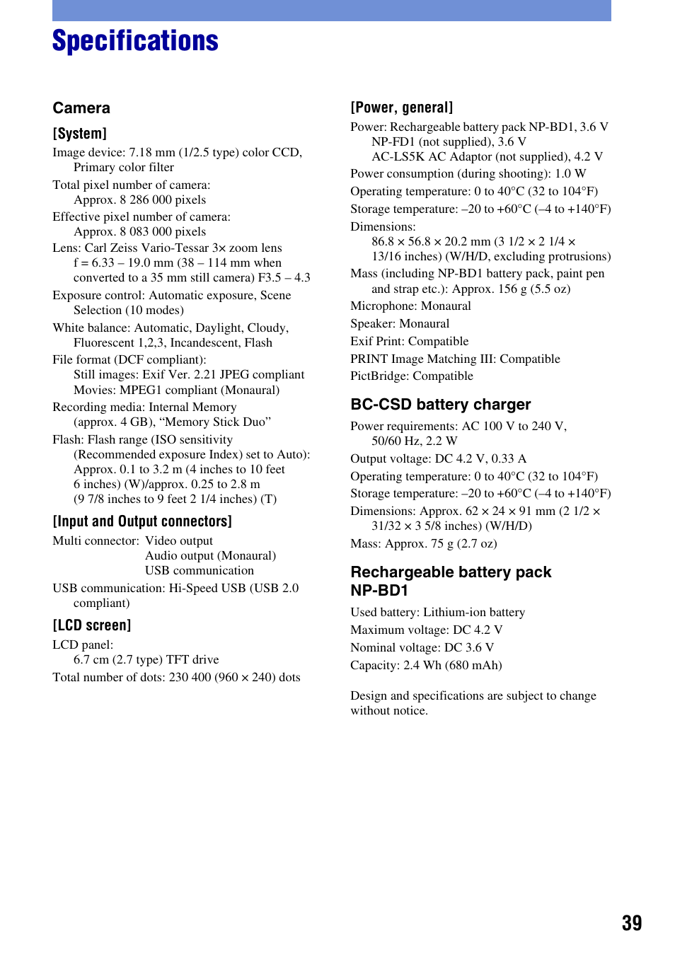 Specifications | Sony DSC-T2 User Manual | Page 39 / 44