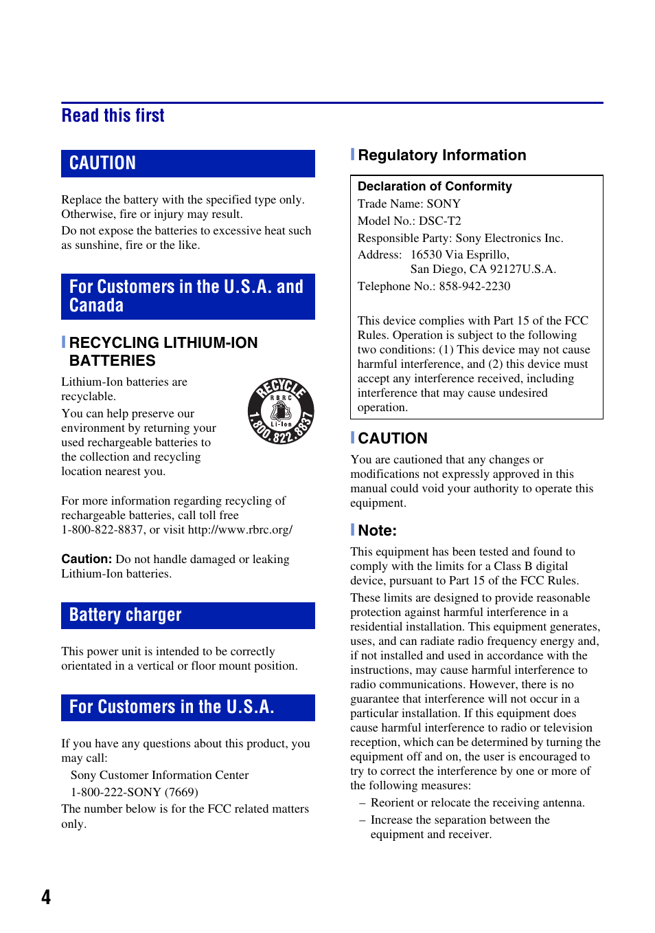 Read this first | Sony DSC-T2 User Manual | Page 4 / 44