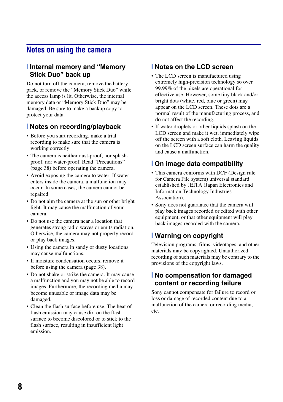 Notes on using the camera | Sony DSC-T2 User Manual | Page 8 / 44