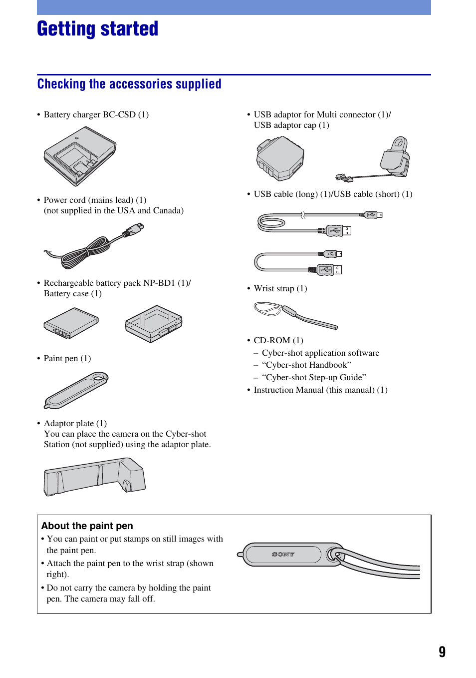 Getting started, Checking the accessories supplied | Sony DSC-T2 User Manual | Page 9 / 44