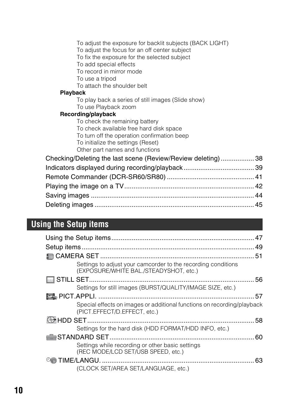 Using the setup items | Sony DCR-SR40 User Manual | Page 10 / 132