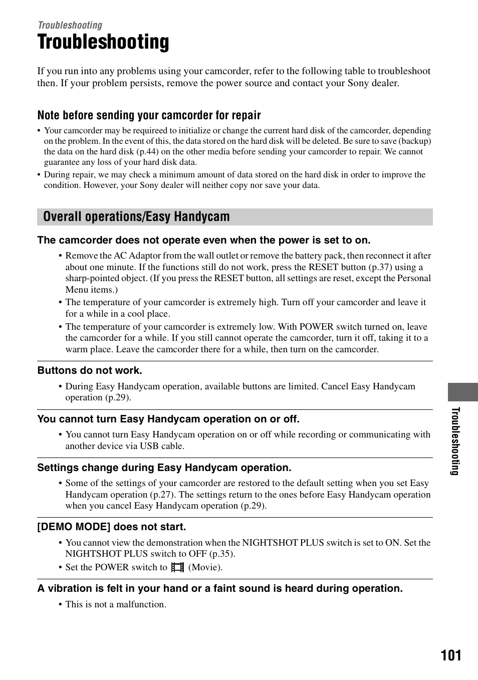 Troubleshooting, Overall operations/easy handycam | Sony DCR-SR40 User Manual | Page 101 / 132