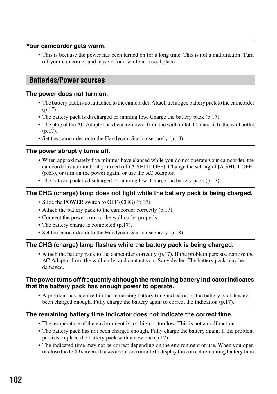 Batteries/power sources | Sony DCR-SR40 User Manual | Page 102 / 132