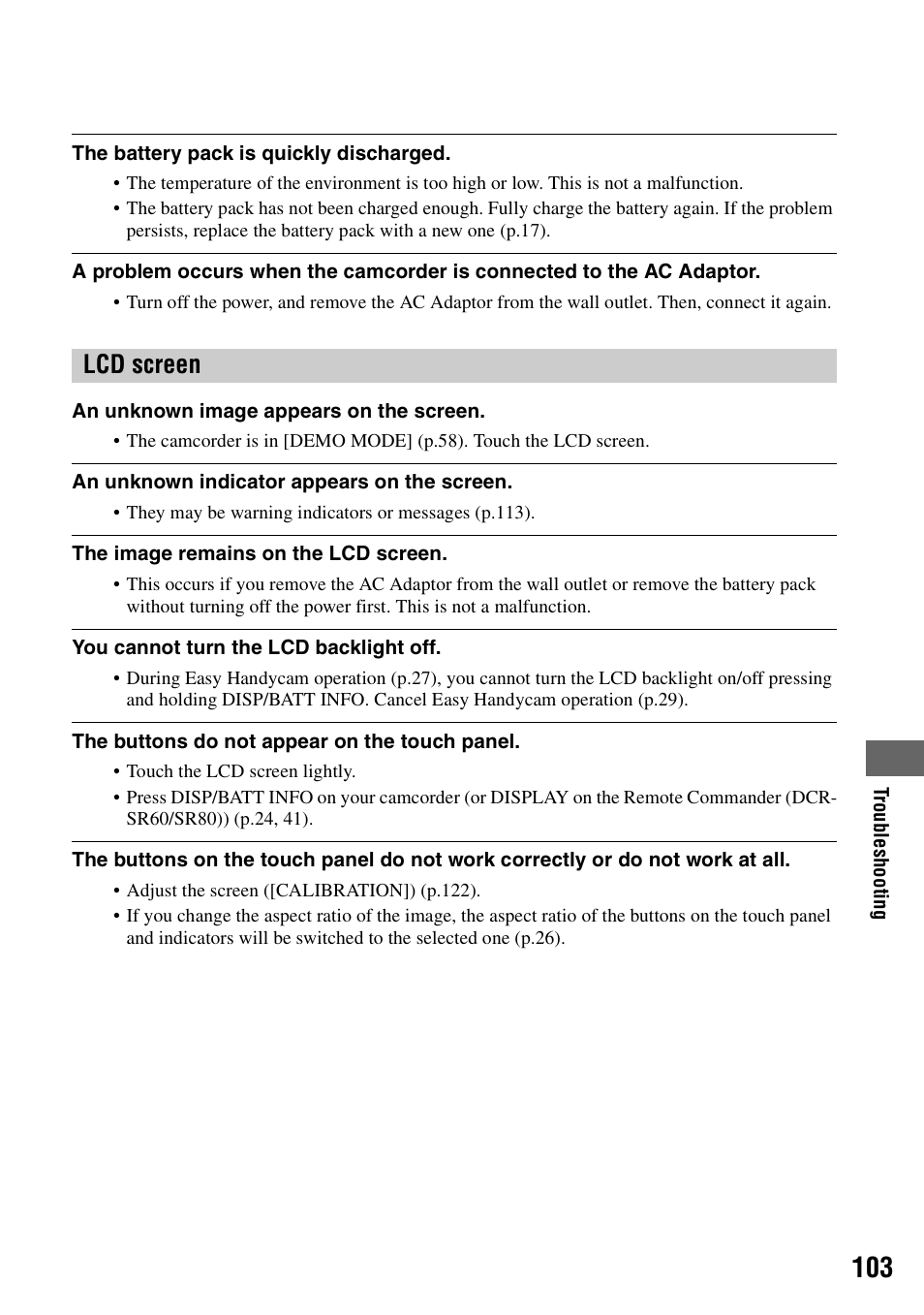 Lcd screen | Sony DCR-SR40 User Manual | Page 103 / 132