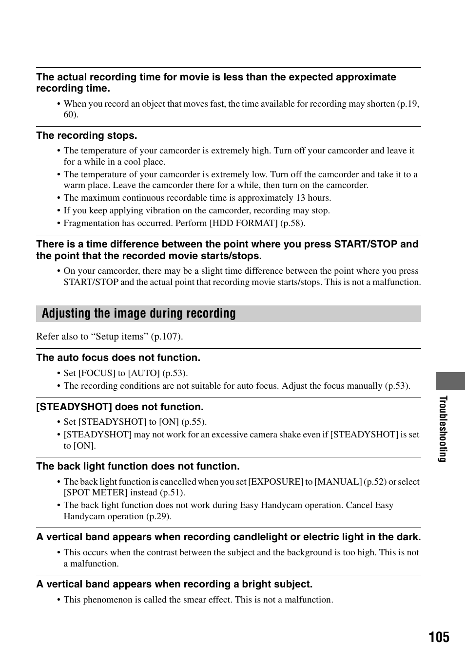 Adjusting the image during recording” (p.105), Adjusting the image during recording | Sony DCR-SR40 User Manual | Page 105 / 132