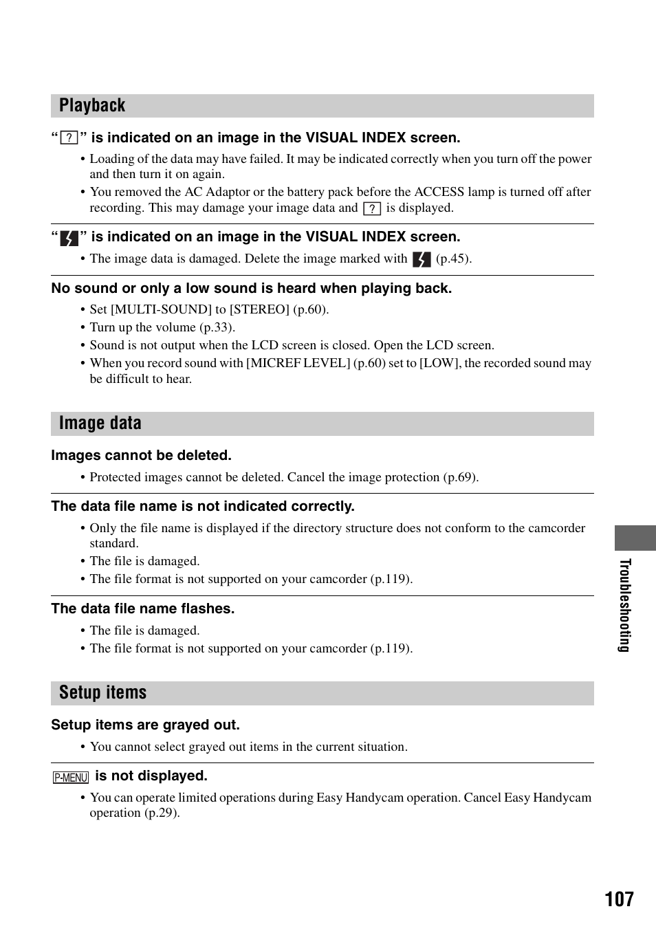 Setup items” (p.107), Playback image data setup items | Sony DCR-SR40 User Manual | Page 107 / 132