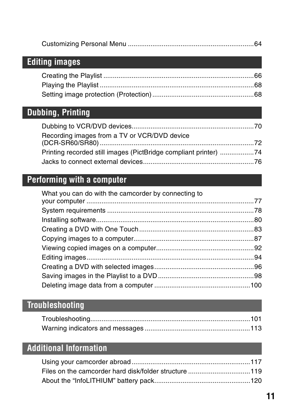 Sony DCR-SR40 User Manual | Page 11 / 132