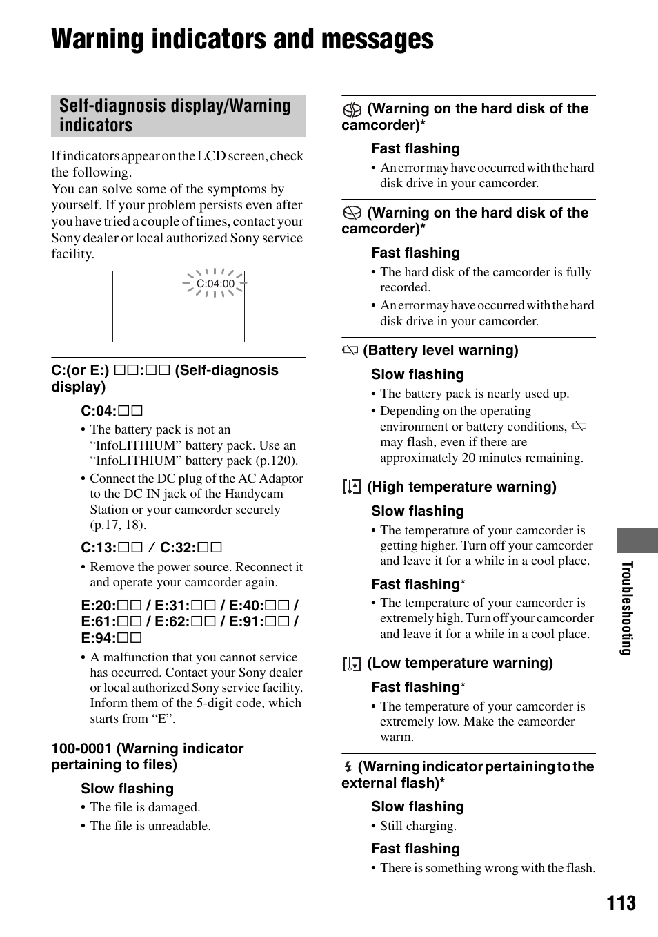 Warning indicators and messages, P.113, Self-diagnosis display/warning indicators | Sony DCR-SR40 User Manual | Page 113 / 132