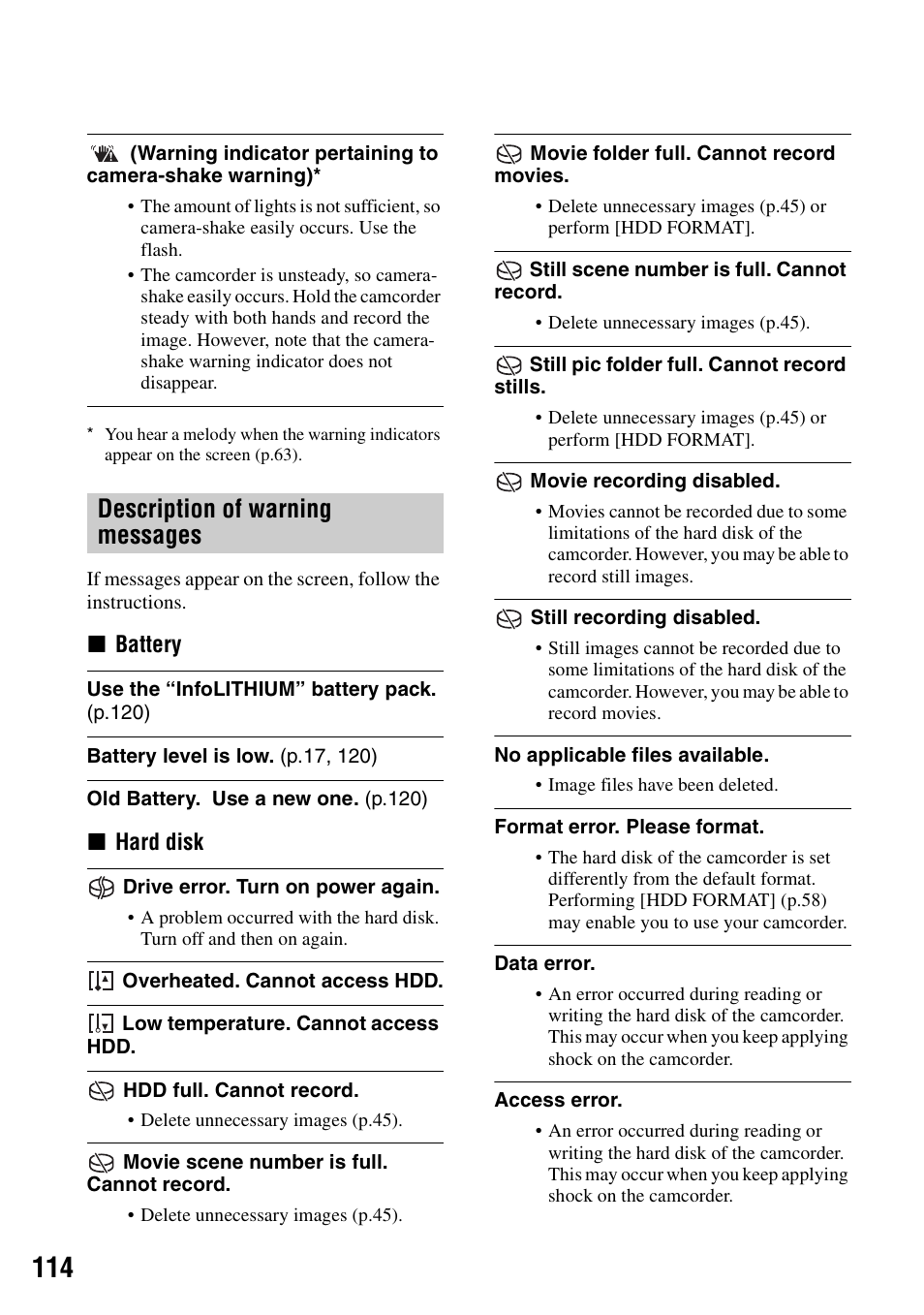 En (p.114), Description of warning messages | Sony DCR-SR40 User Manual | Page 114 / 132