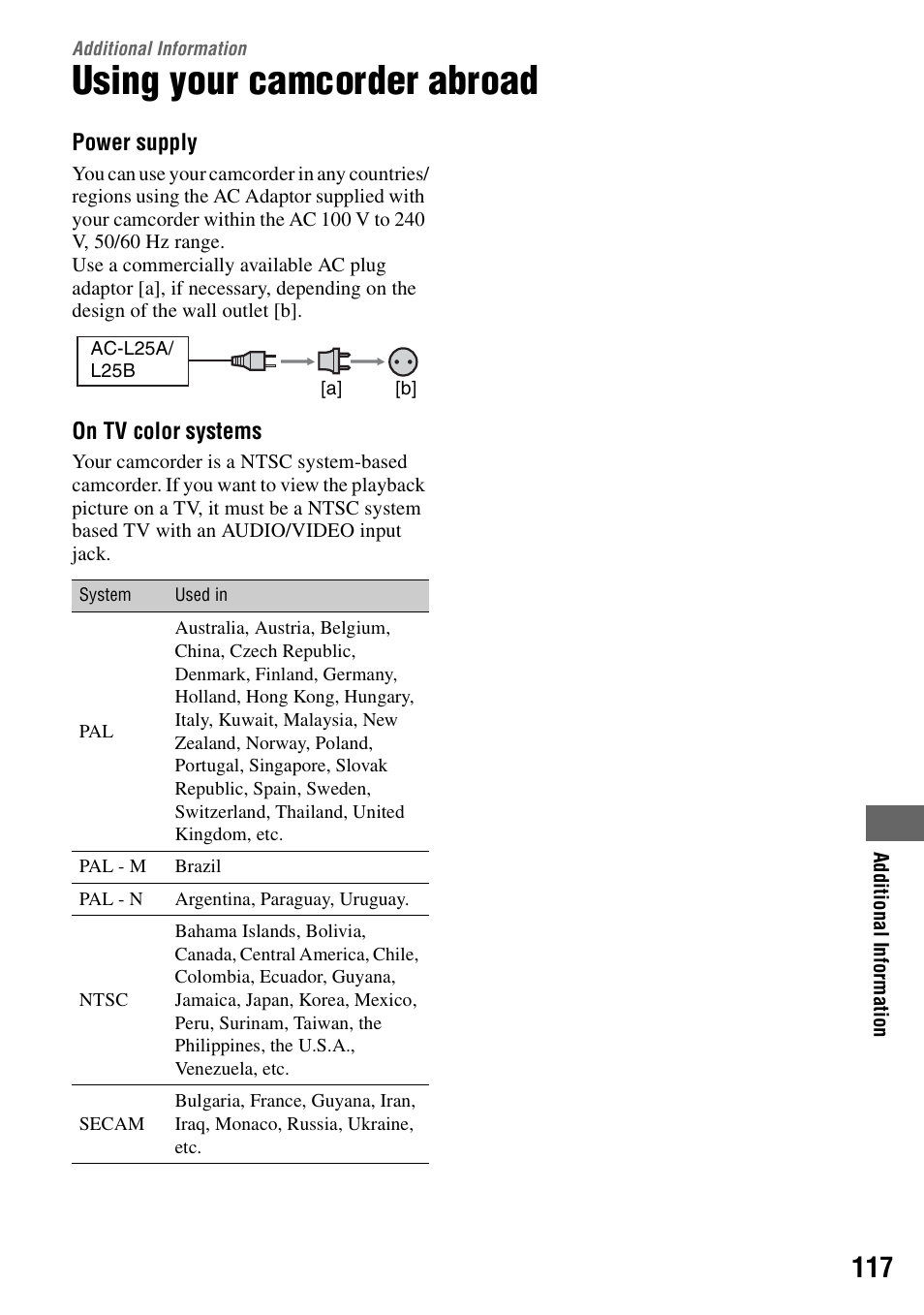 Additional information, Using your camcorder abroad | Sony DCR-SR40 User Manual | Page 117 / 132