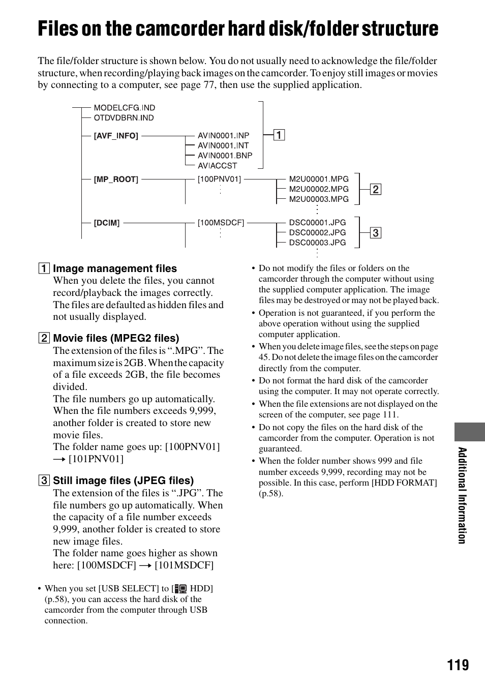 Files on the camcorder hard disk/folder structure, P.119) | Sony DCR-SR40 User Manual | Page 119 / 132