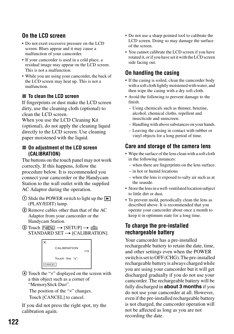 P.122), Ain (p.122), Ion]) (p.122 | On the lcd screen, On handling the casing, Care and storage of the camera lens | Sony DCR-SR40 User Manual | Page 122 / 132