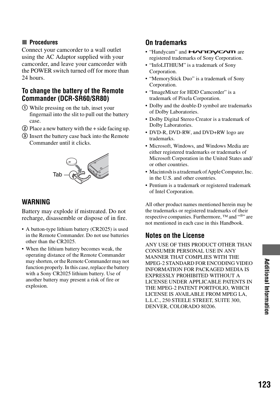P.123, Warning, On trademarks | Sony DCR-SR40 User Manual | Page 123 / 132