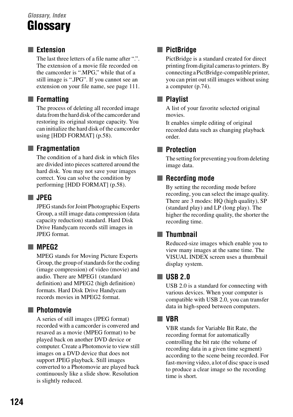 Glossary, index, Glossary, P.124 | P.124) | Sony DCR-SR40 User Manual | Page 124 / 132