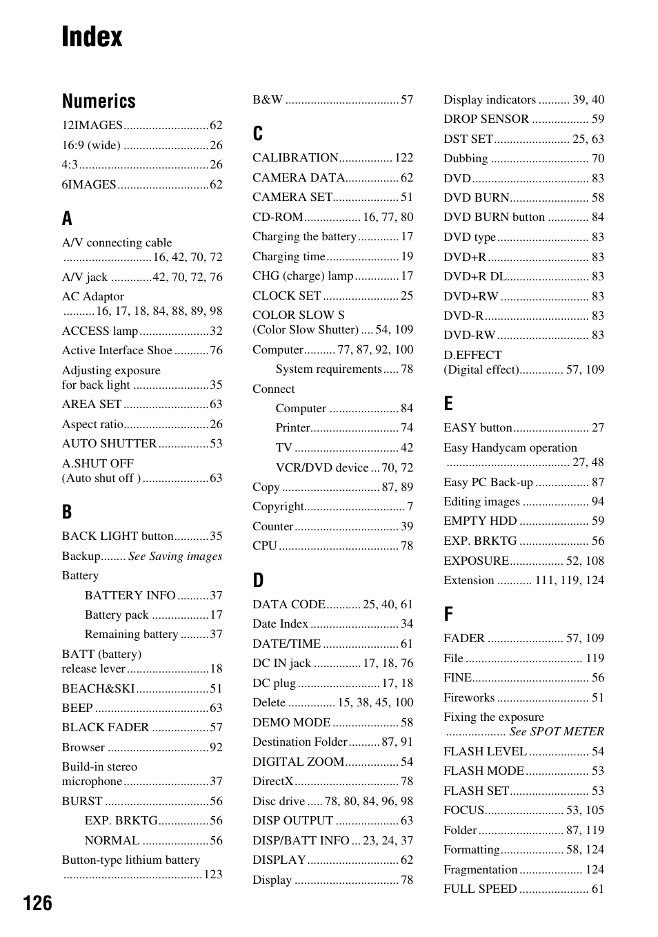 Index, Numerics | Sony DCR-SR40 User Manual | Page 126 / 132