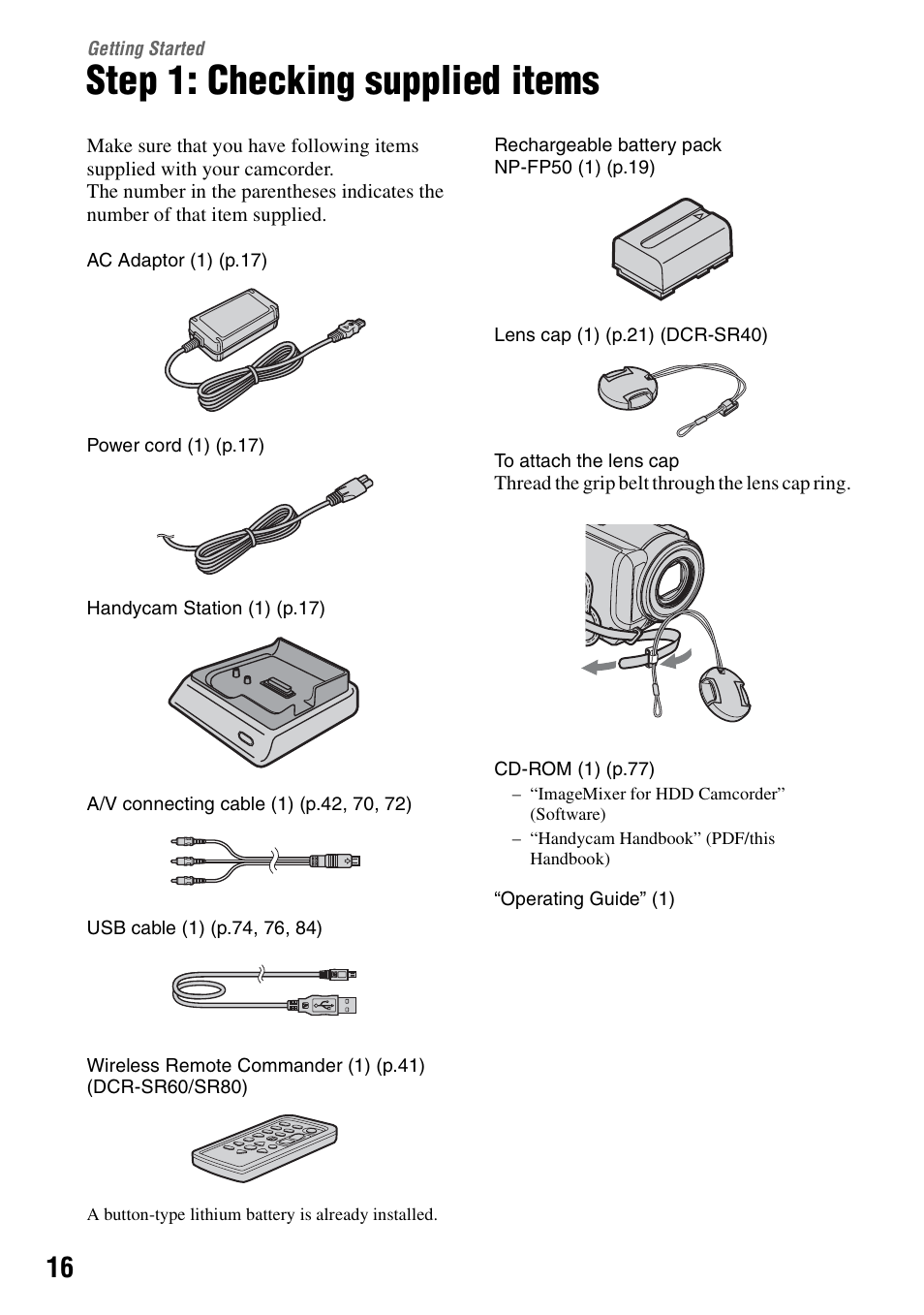 Getting started, Step 1: checking supplied items, P.16 | Sony DCR-SR40 User Manual | Page 16 / 132