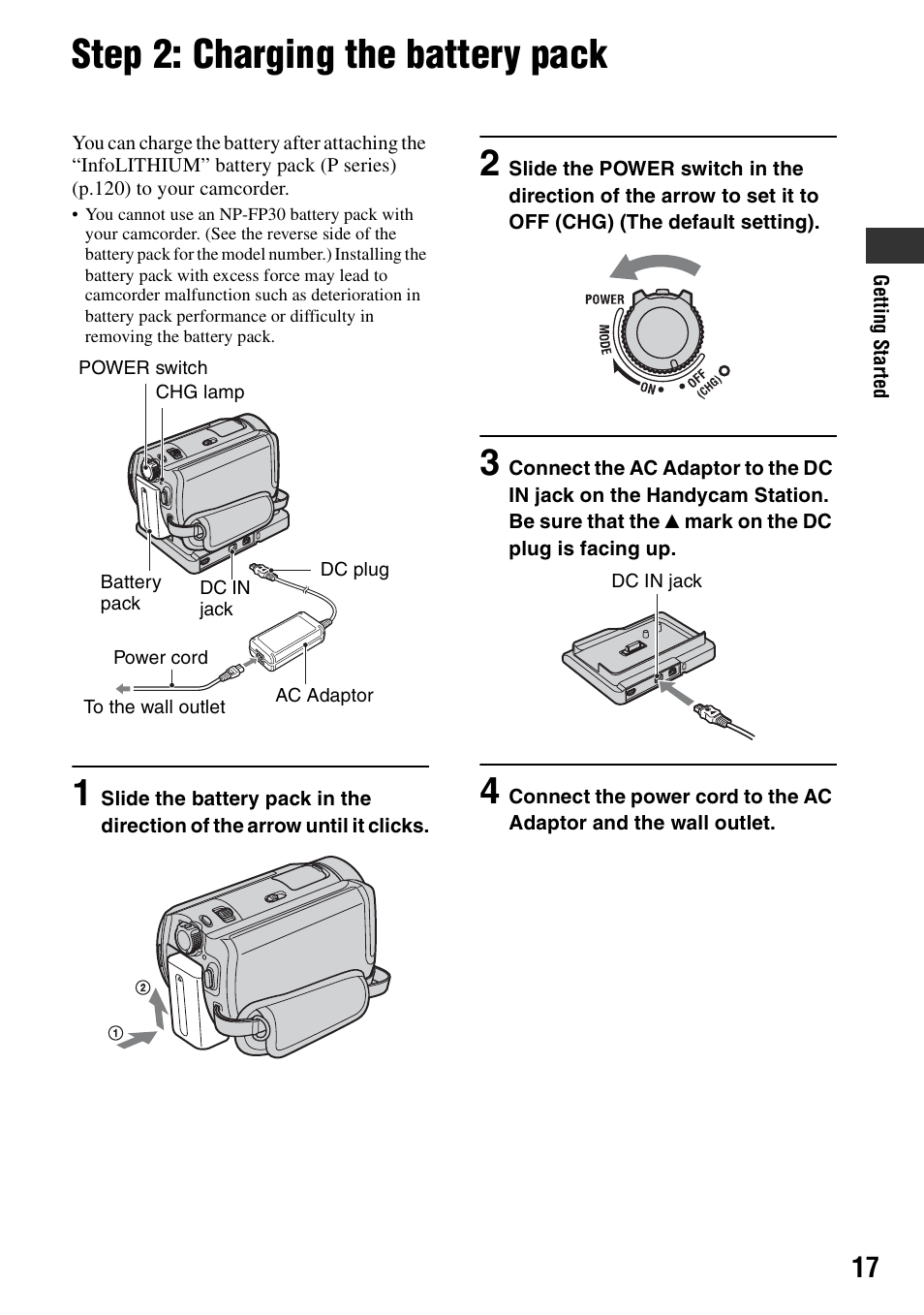 Step 2: charging the battery pack, R (1) (p.17), P.17) | Sony DCR-SR40 User Manual | Page 17 / 132