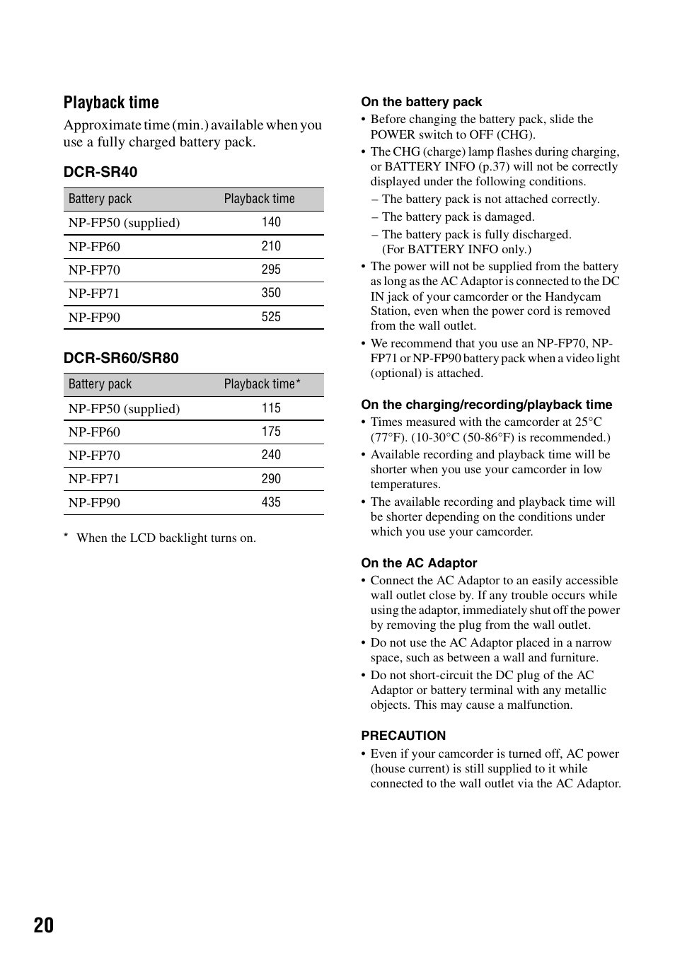 Playback time | Sony DCR-SR40 User Manual | Page 20 / 132