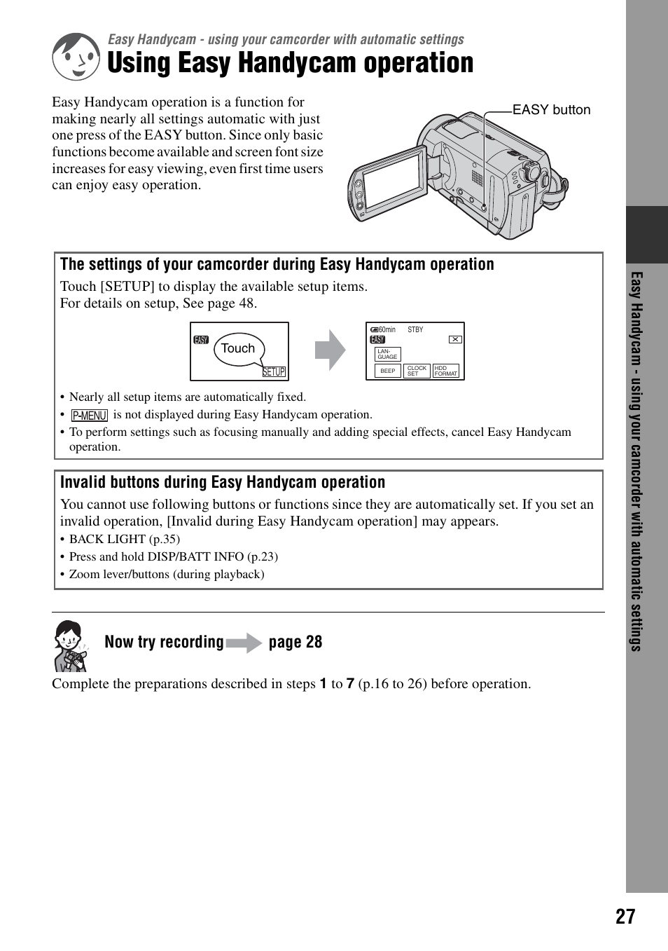 Using easy handycam operation, Easy, Handycam 27 | Now try recording page 28, Invalid buttons during easy handycam operation | Sony DCR-SR40 User Manual | Page 27 / 132