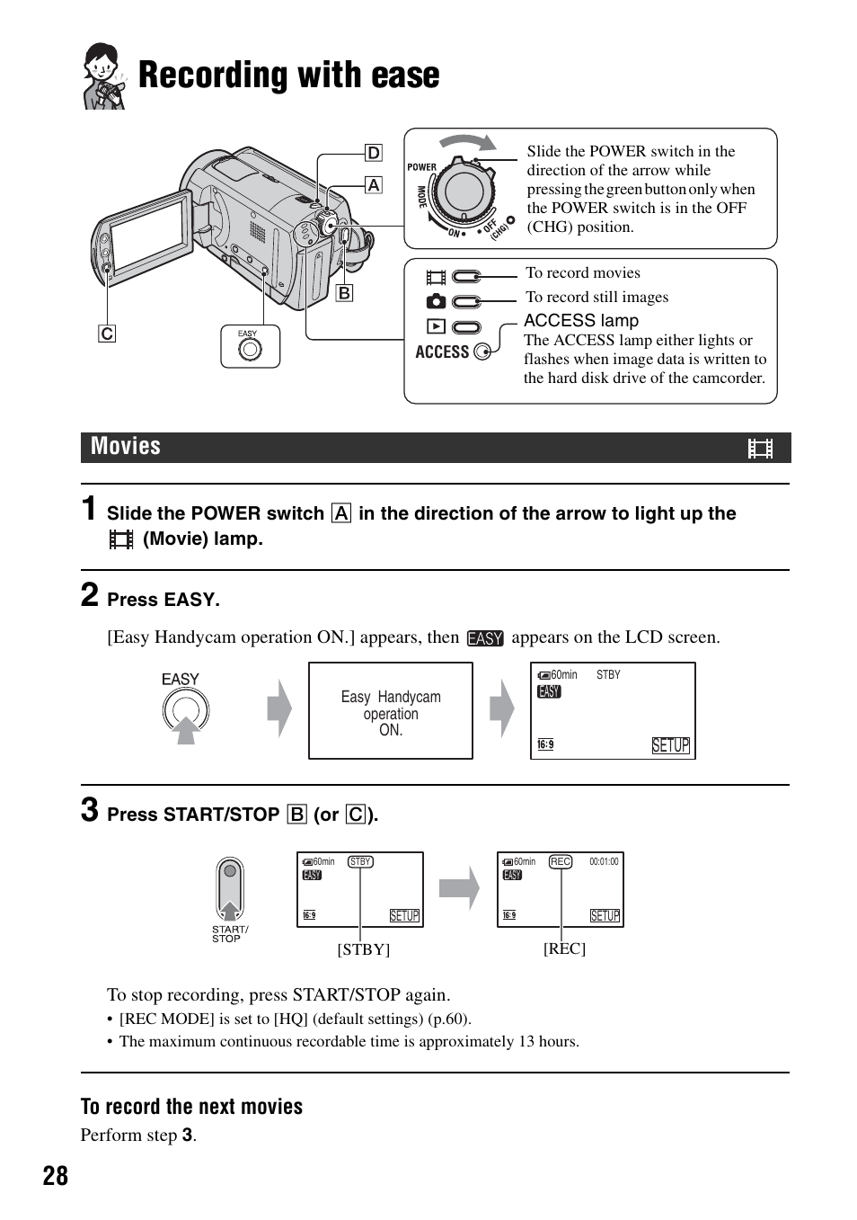 Recording with ease, P.28, Movies | Sony DCR-SR40 User Manual | Page 28 / 132