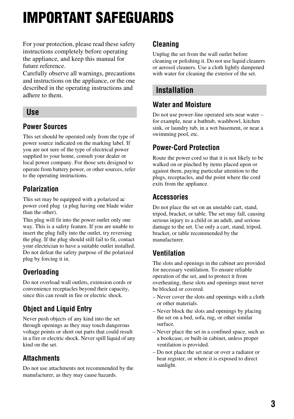 Important safeguards, Use installation | Sony DCR-SR40 User Manual | Page 3 / 132