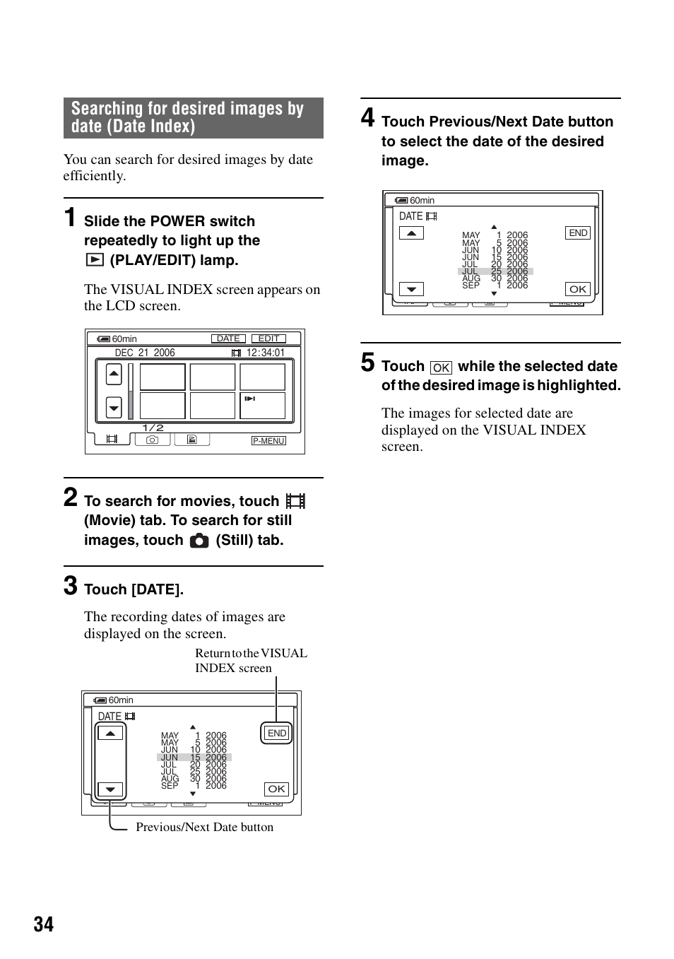 Searching for desired images by date (date index) | Sony DCR-SR40 User Manual | Page 34 / 132