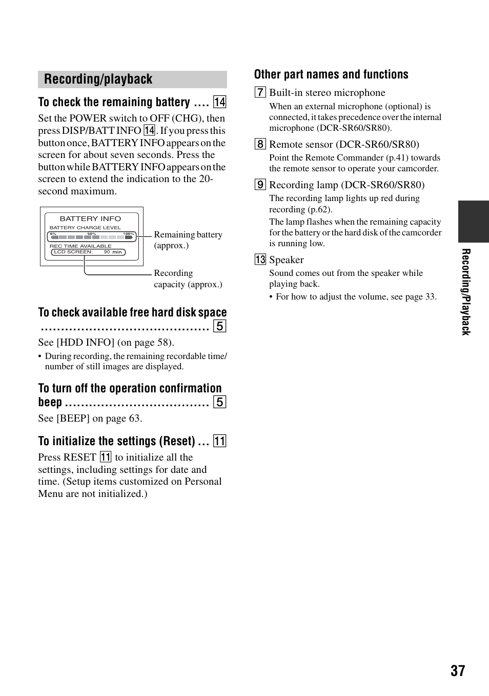 To check the remaining battery, To check available free hard disk space, To turn off the operation confirmation beep | To initialize the settings (reset), Other part names and functions, Recording/playback | Sony DCR-SR40 User Manual | Page 37 / 132