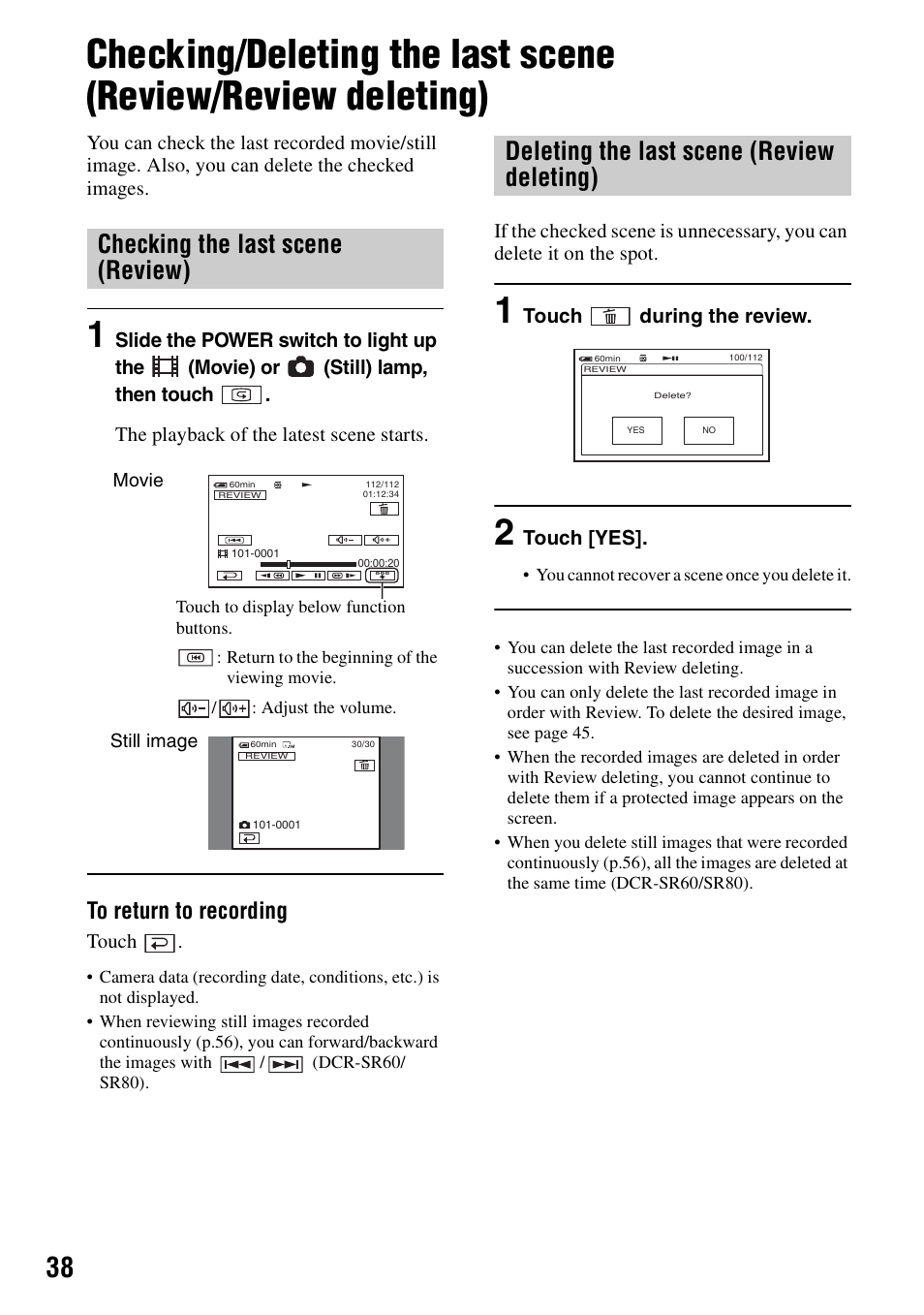 Checking the last scene (review), Deleting the last scene (review deleting) | Sony DCR-SR40 User Manual | Page 38 / 132