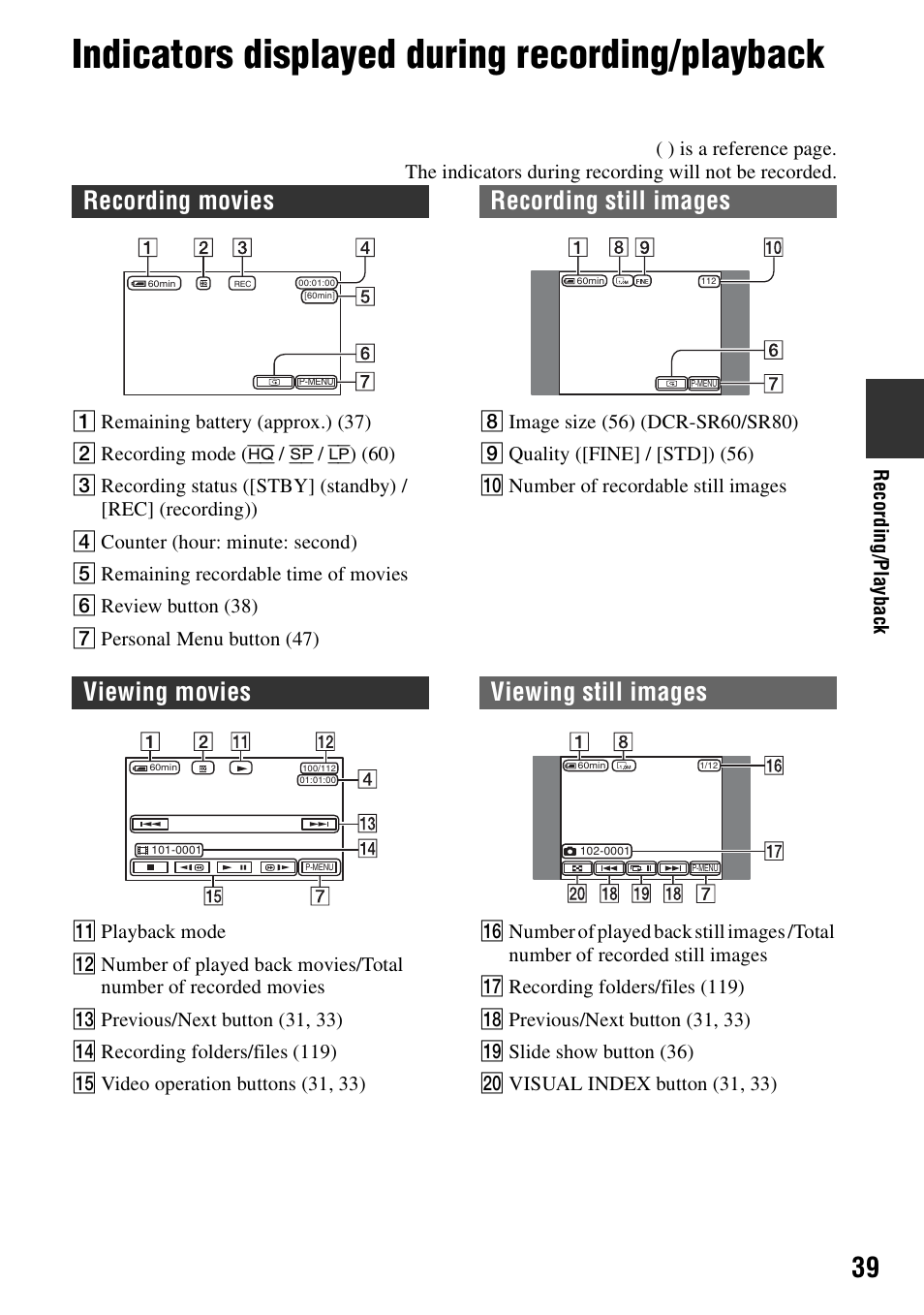 Indicators displayed during recording/playback, Recording movies recording still images, Viewing movies viewing still images | Sony DCR-SR40 User Manual | Page 39 / 132