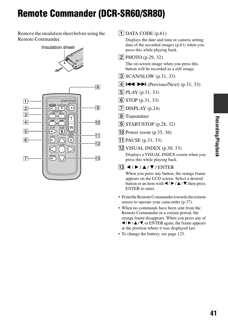 Remote commander (dcr-sr60/sr80), P.41, R (p.41) to | Sony DCR-SR40 User Manual | Page 41 / 132