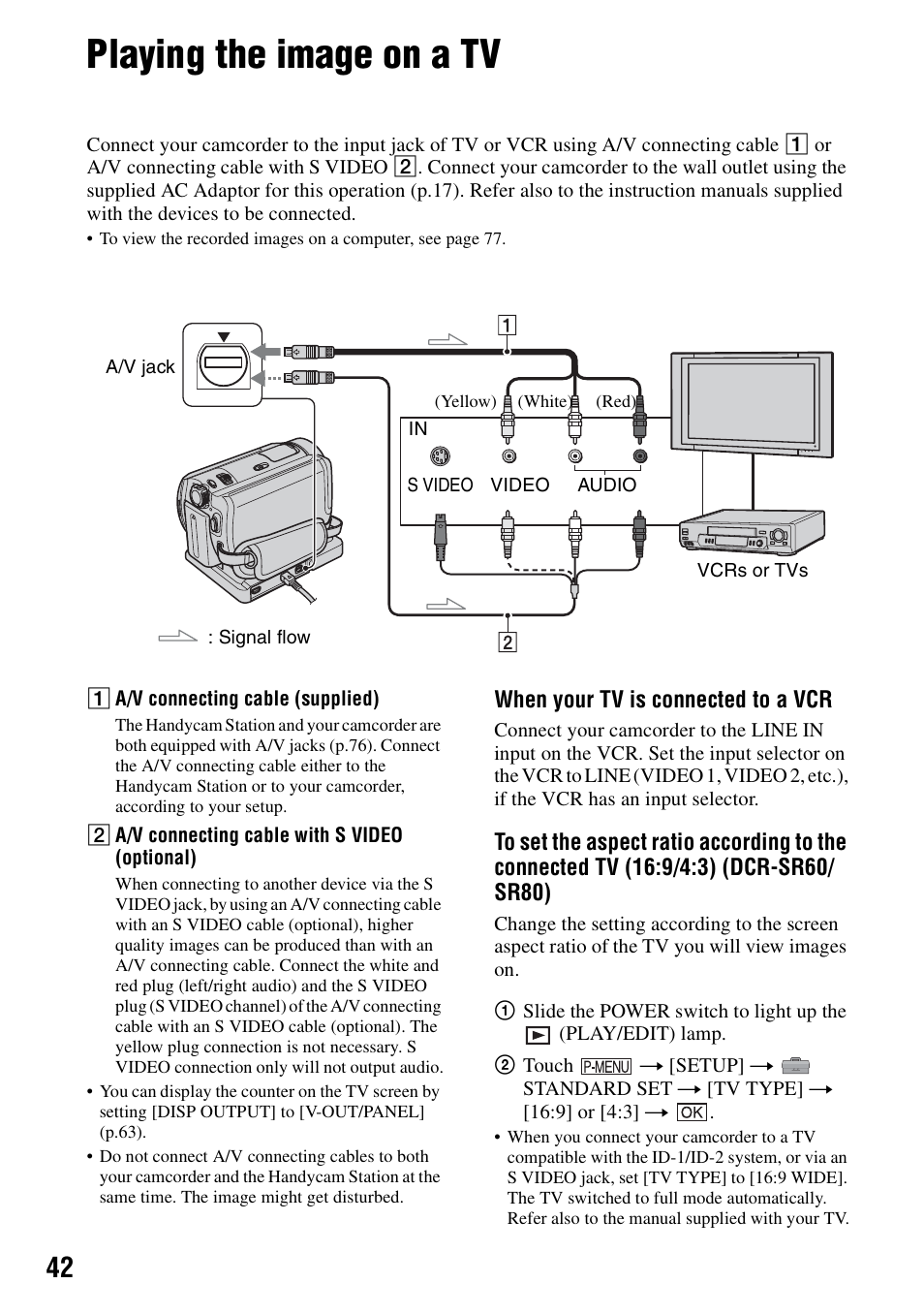 Playing the image on a tv, P.42, P.42) | Sony DCR-SR40 User Manual | Page 42 / 132