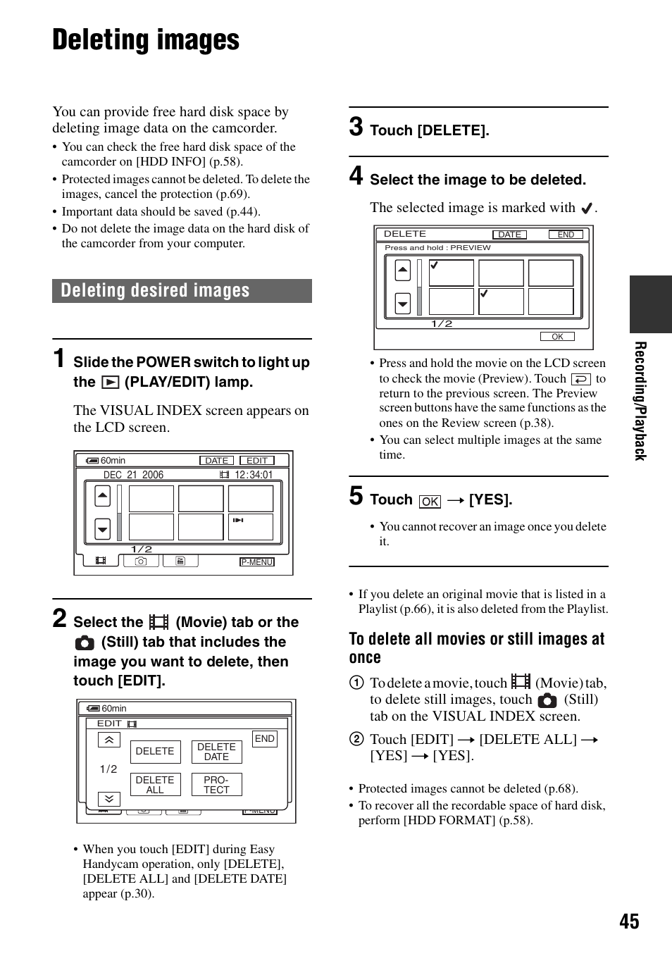 Deleting images, P.45), See “deleting images” on | Deleting desired images | Sony DCR-SR40 User Manual | Page 45 / 132