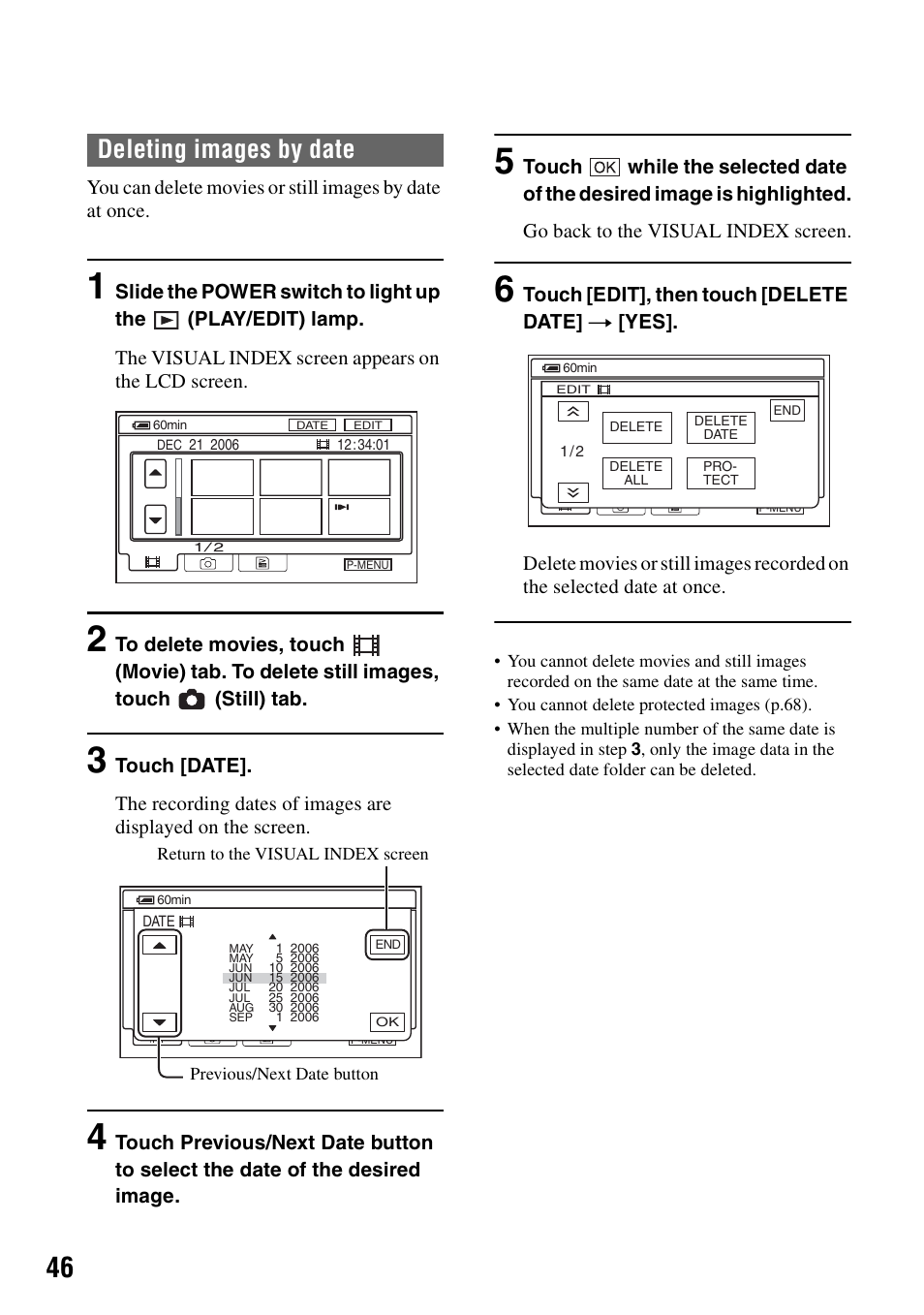 Deleting images by date | Sony DCR-SR40 User Manual | Page 46 / 132