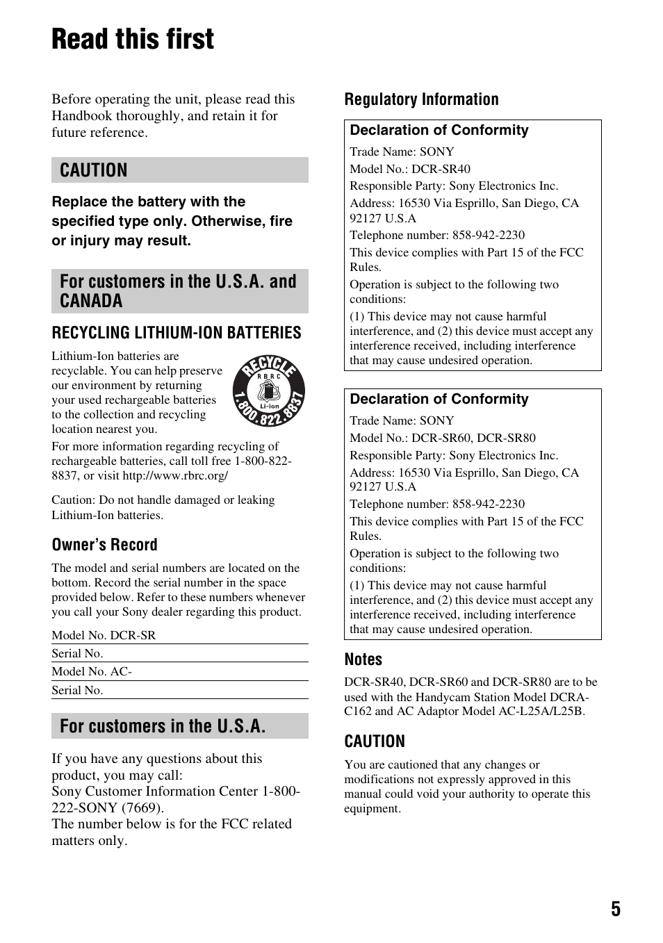 Read this first, Caution for customers in the u.s.a. and canada, For customers in the u.s.a | Sony DCR-SR40 User Manual | Page 5 / 132