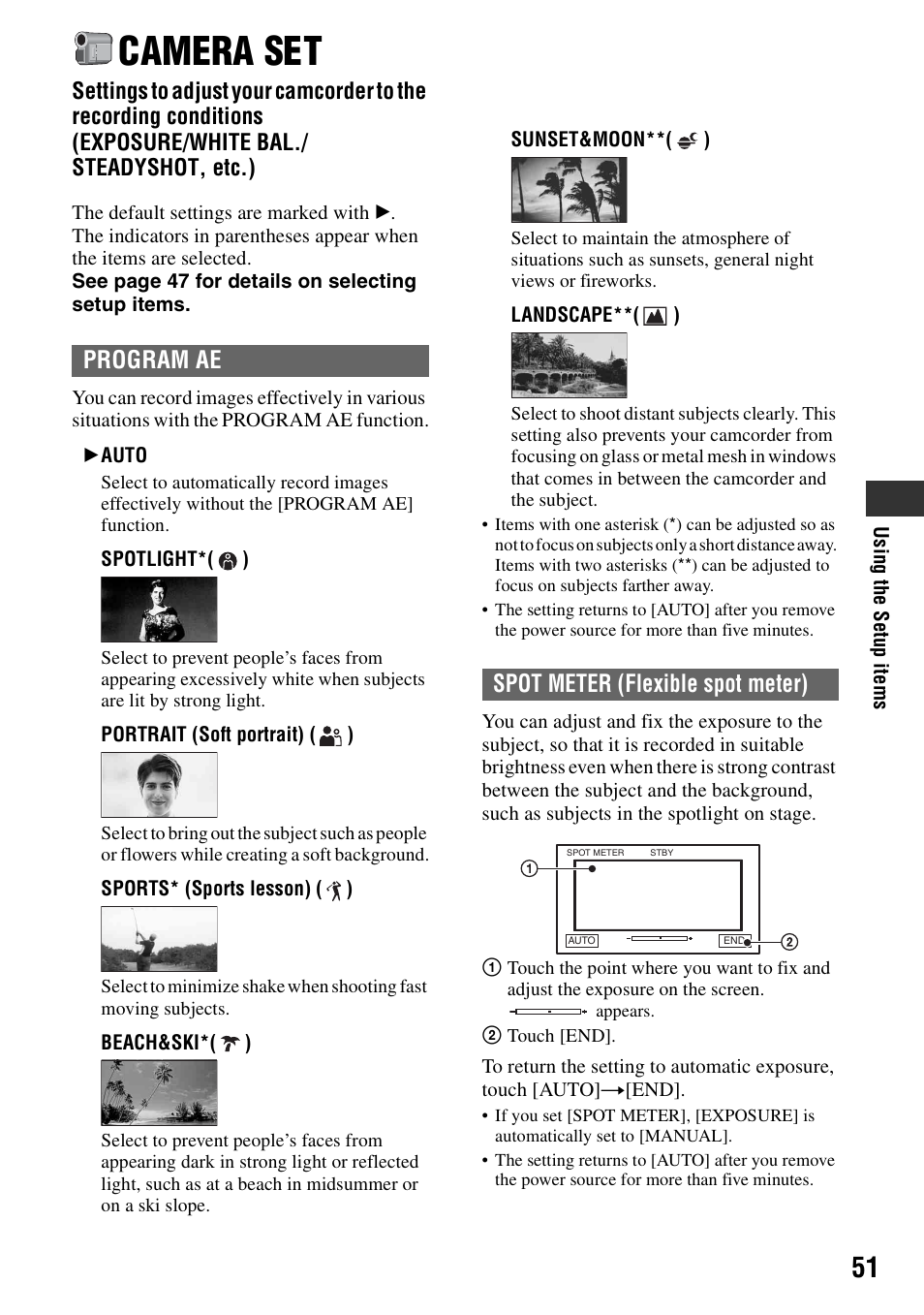 Camera set, Ae (51), P.51) | Program ae, Spot meter (flexible spot meter) | Sony DCR-SR40 User Manual | Page 51 / 132