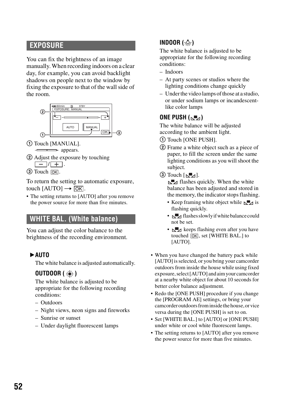 Ce (52, Re (52, Exposure white bal. (white balance) | Sony DCR-SR40 User Manual | Page 52 / 132