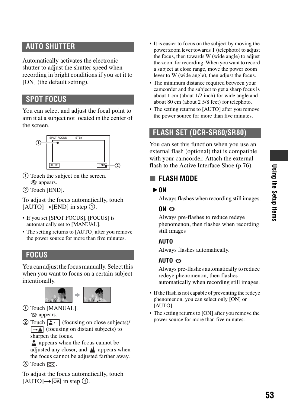 P.53), Auto shutter spot focus focus, Flash set (dcr-sr60/sr80) | Xflash mode | Sony DCR-SR40 User Manual | Page 53 / 132