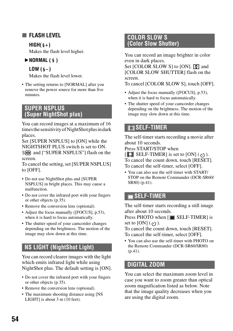 P.54), N (p.54), P.54 | Sony DCR-SR40 User Manual | Page 54 / 132