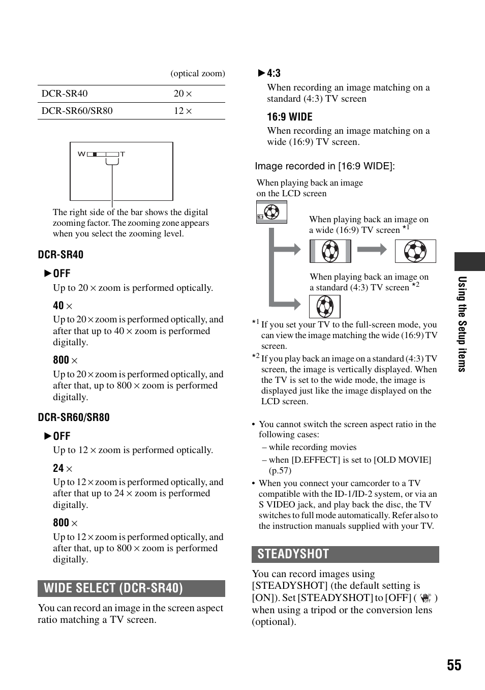 Wide select (dcr-sr40), Steadyshot | Sony DCR-SR40 User Manual | Page 55 / 132