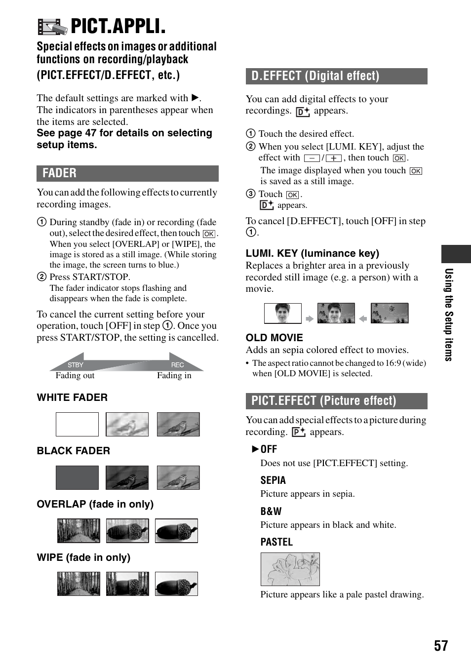 Pict.appli, P.57), Fader | Sony DCR-SR40 User Manual | Page 57 / 132