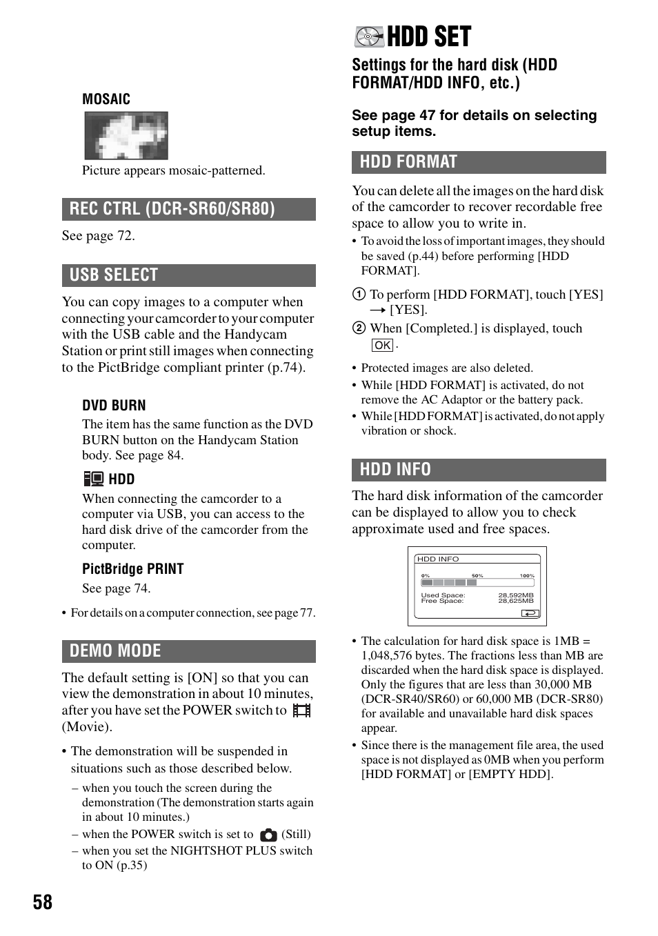 Hdd set, P.58), Rec ctrl (dcr-sr60/sr80) usb select demo mode | Hdd format hdd info | Sony DCR-SR40 User Manual | Page 58 / 132