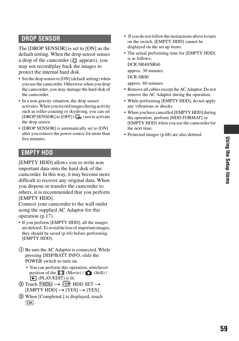 P.59), Drop sensor empty hdd | Sony DCR-SR40 User Manual | Page 59 / 132