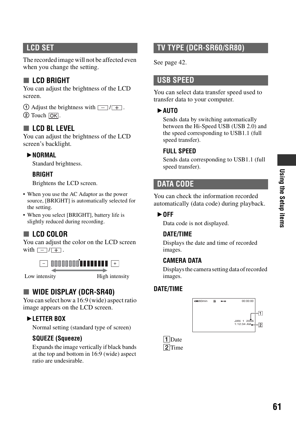 P.61, P.61), Ode (p.61 | Lcd set, Tv type (dcr-sr60/sr80) usb speed data code | Sony DCR-SR40 User Manual | Page 61 / 132